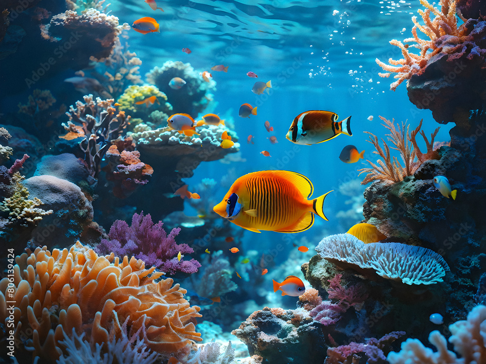 Fototapeta premium Enchanted Reef: Dazzling Fish & Corals in a Magical Underwater Kingdom. Fairytale Seascape. generative AI