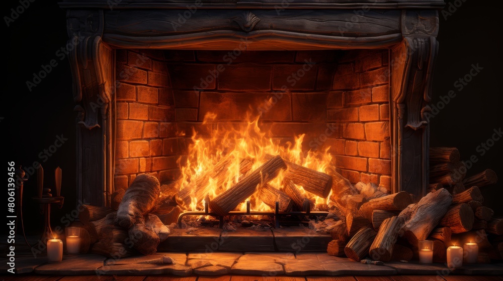 A crackling fire burns brightly in a fireplace, casting a warm glow on the logs