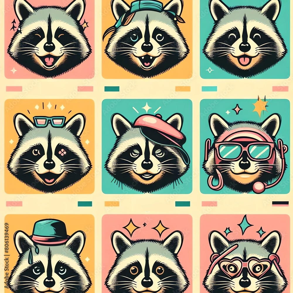 Set of cartoon raccoon, generative ai Set of cartoon raccoon, generative ai