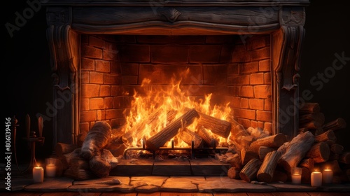 A crackling fire burns brightly in a fireplace  casting a warm glow on the logs