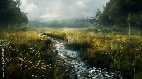 an earth road to remote village through the rushy water meadow.