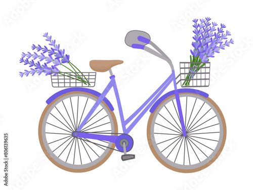 Lilac bicycle icon with lavender flowers isolated on transparent and white background. Close-up element for summer and holiday design decoration. Vector cartoon illustration. World Bicycle Day. 