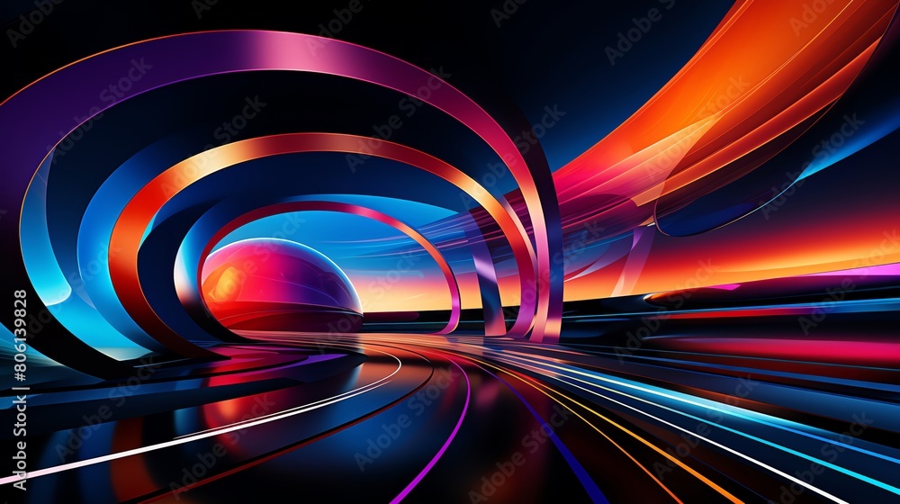 Create a high quality render of a futuristic racetrack with glowing neon lights and a vibrant sunset in the background Create a high quality render of a futuristic racetrack with glowing neon lights and a vibrant sunset in the background