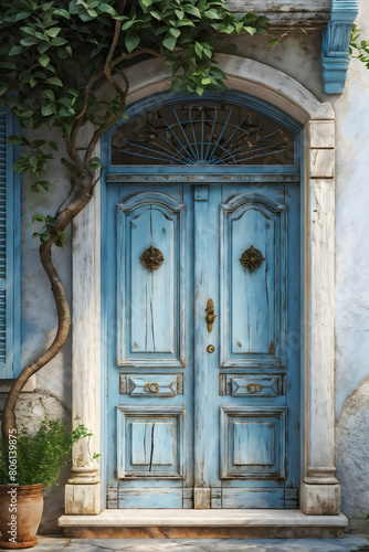 Mediterranean Charm: Antique White Door with Azure Shutters.  Antique White Doorway Framed by Vibrant Blue Shutters. generative AI