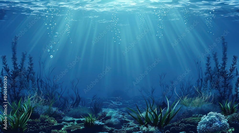 Obraz premium A realistic underwater seascape featuring a vibrant reef and silhouetted seaweed against the ocean bottom