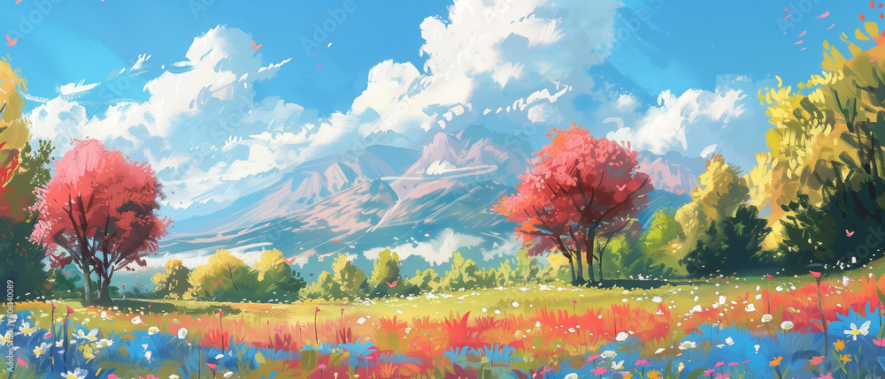 Vibrant scenery with pink mountains, trees, blue sky, floating flowers, and white clouds.
