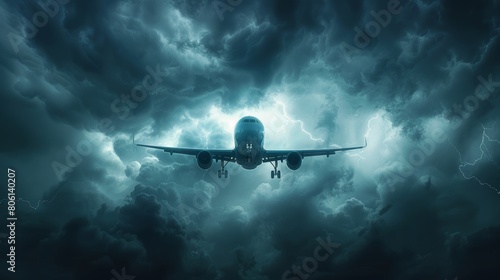 A plane is flying through a dark storm.