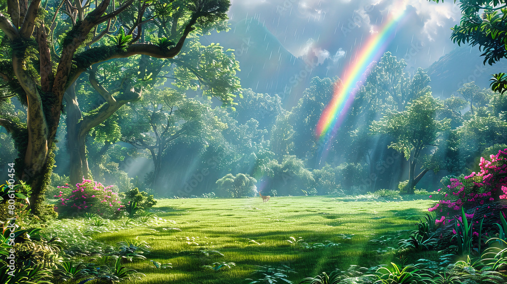 Scenic Park Landscape with Radiant Sunlight and Rainbow, Serene Natural Beauty Captured in Vivid Colors