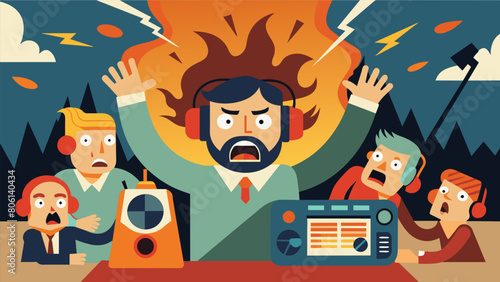 On Crisis Exaggeration Radio the hosts frantically shout about impending natural disasters with exaggerated details sending listeners into a panic..