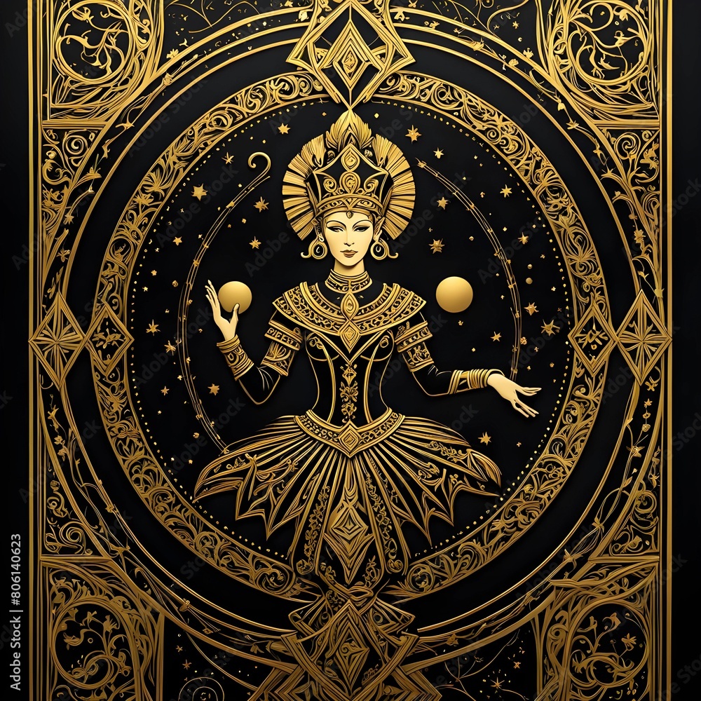 The Fool, Detailed Tribal 3D design drawn in gold ink on a black tarot card, jester, females.
