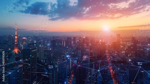 Smart city and network connection concept  all people icons with light effect on modern urban background