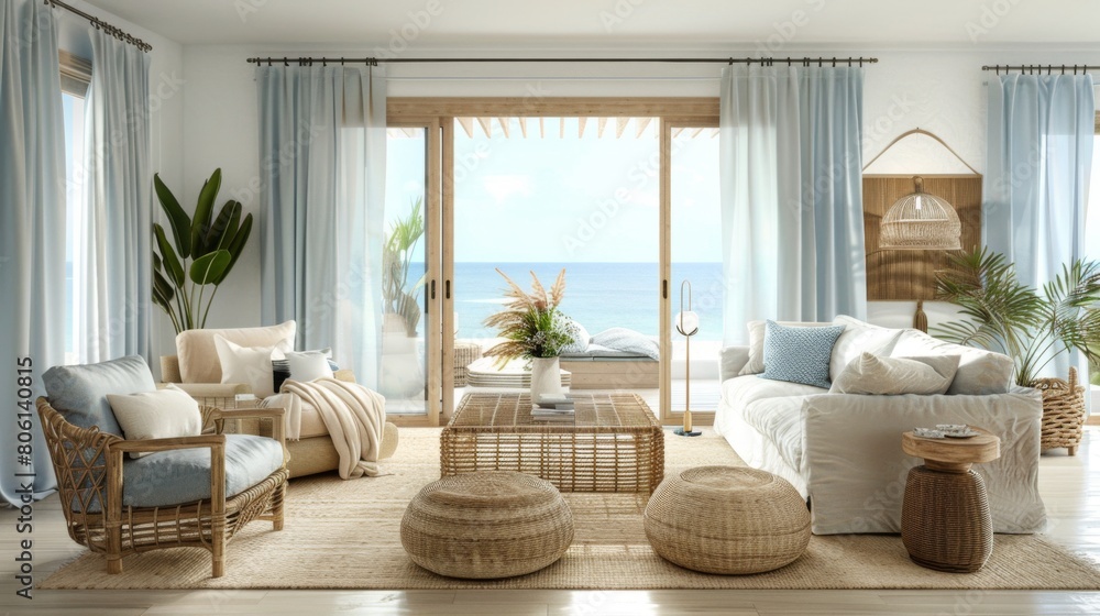 A modern coastal living room with breezy curtains, wicker furniture, and ocean-inspired decor, evoking the relaxed vibe of beachside living. A modern coastal living room with breezy curtains, wicker furniture, and ocean-inspired decor, evoking the relaxed vibe of beachside living.