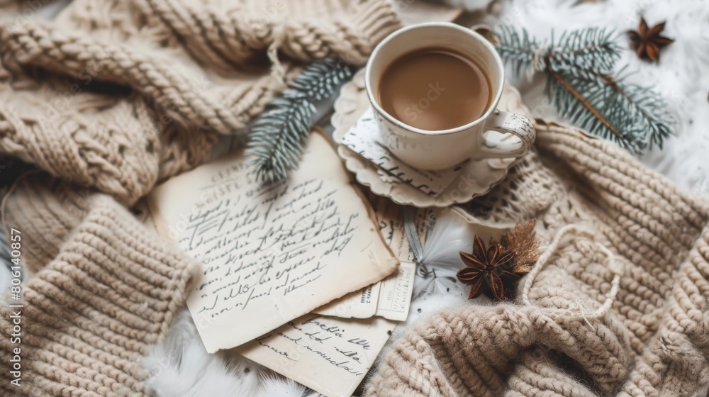A cozy winter scene featuring a steaming cup of coffee, a snug sweater, and a stack of old letters, inviting warmth and nostalgia.
A cozy winter scene featuring a steaming cup of coffee, a snug sweater, and a stack of old letters, inviting warmth and nostalgia.