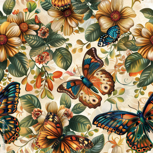 Cottage Core Chic Boho Whimsical Funky Floral Butterflies Hyper Realistic Graphic  Seamless Pattern