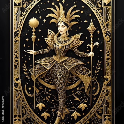 The Fool, Detailed Tribal 3D design drawn in gold ink on a black tarot card, jester, females.