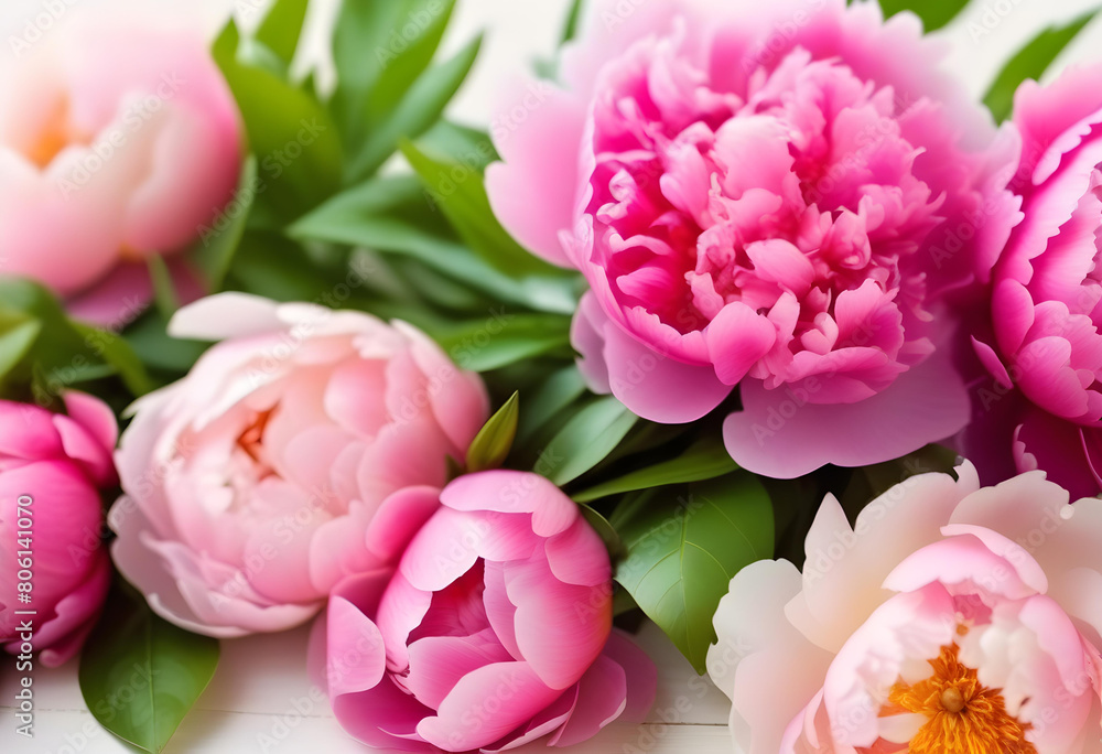 A close-up of pink peonies with a blank card next to them