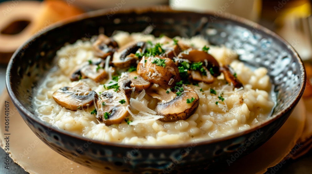 A delightful bowl of creamy risotto with mushrooms and Parmesan cheese A delightful bowl of creamy risotto with mushrooms and Parmesan cheese