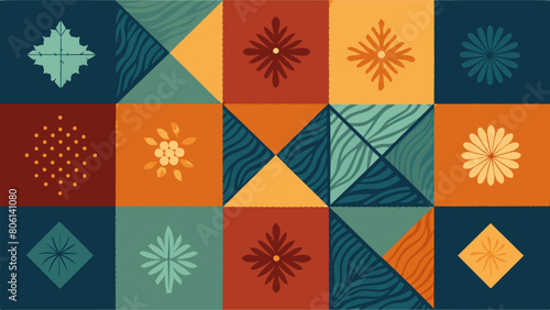 A stunning quilt created from a mix of handdyed and printed vintage fabrics each square a small piece of history brought to life by the skilled hands. Vector illustration