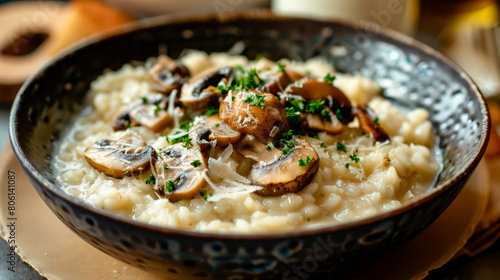 A delightful bowl of creamy risotto with mushrooms and Parmesan cheese