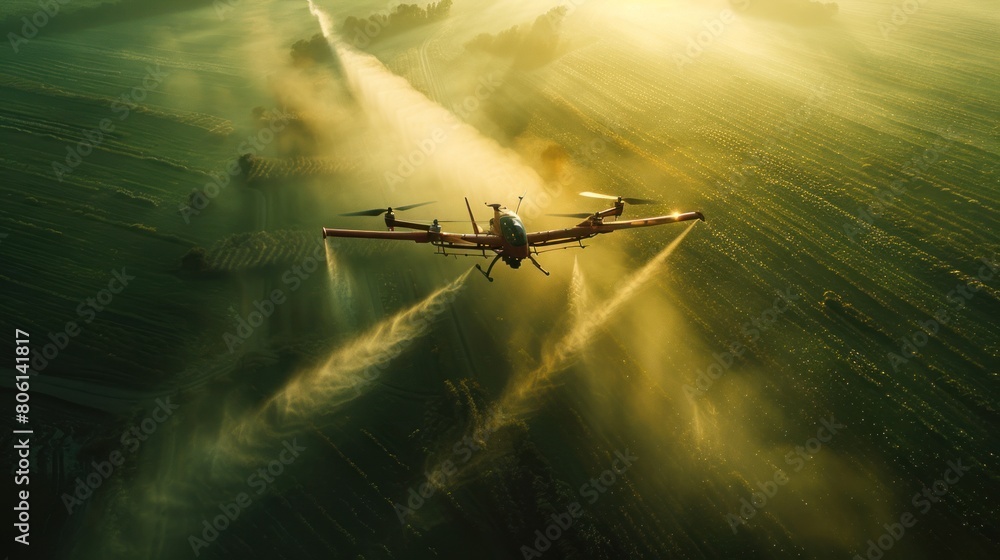 Naklejka premium Agricultural innovation with high-tech agricultural drones soaring over vast rice fields. Showcasing advanced spraying capabilities for effective weed and pest control.