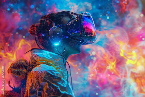 Craft a sci-fi love story set in a virtual reality world where lovers can meet and interact in surreal landscapes Experiment with unexpected camera angles to highlight the emotiona photo