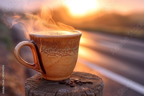 An artisanal, ceramic coffee cup, filled with steaming coffee, placed on a wooden post beside a highway. photo
