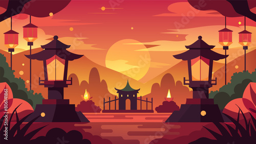 As the sun began to set lanterns were lit around the festival grounds symbolizing the pursuit of inner peace and enlightenment.. Vector illustration photo