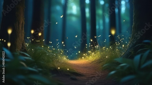 Fantasy forest fairytale with fireflies. Fairy tale woods with motion fog and flying glow fireflies. The path leading through fairytale forest photo