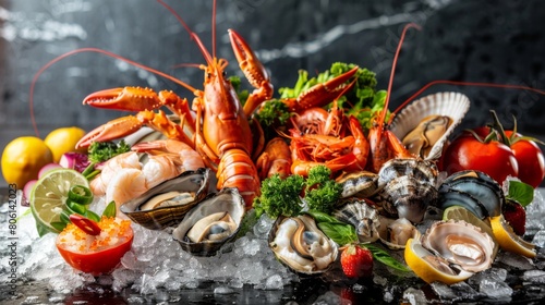 A mouthwatering seafood platter featuring a variety of fresh catches, arranged beautifully on a bed of ice, ready for a sumptuous seafood feast.