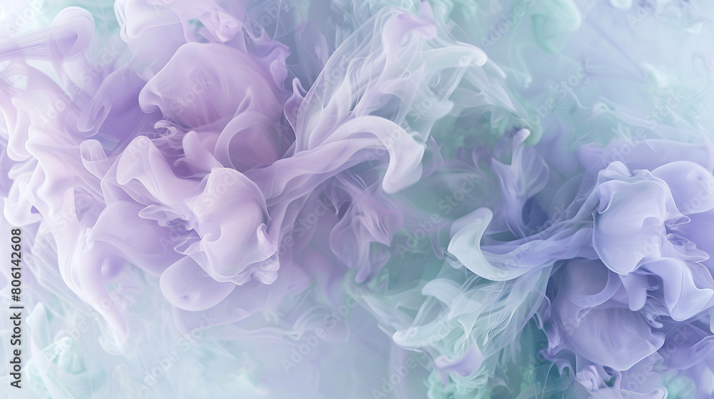 Smoke forming an abstract floral pattern in pastel shades of lavender and mint, offering a soft, dream-like quality.