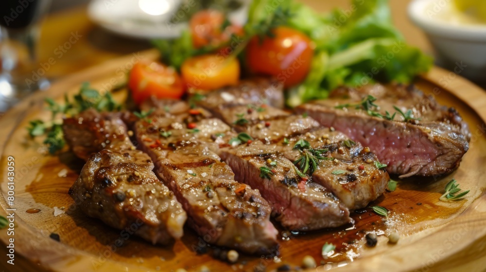 A mouthwatering steak cooked to perfection, adorned with herbs and served with sides, tempting the taste buds. A mouthwatering steak cooked to perfection, adorned with herbs and served with sides, tempting the taste buds.
