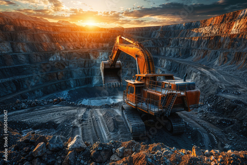 An excavator operates in a vast open-pit mine against a dramatic sunset backdrop photo