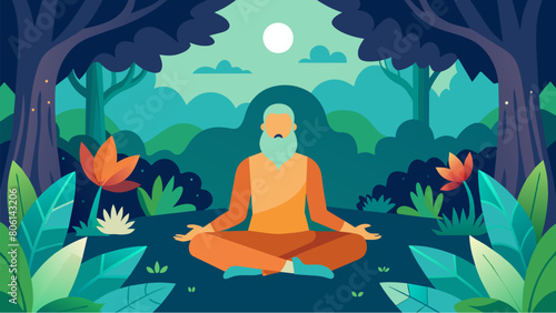 A Stoic philosopher sits in the lotus position in a lush forest meditating on the harmony of nature.. Vector illustration