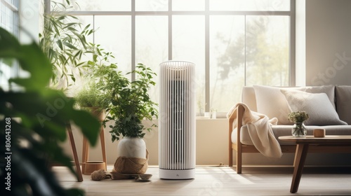 An air purifier stands next to a cozy couch in a modern living room