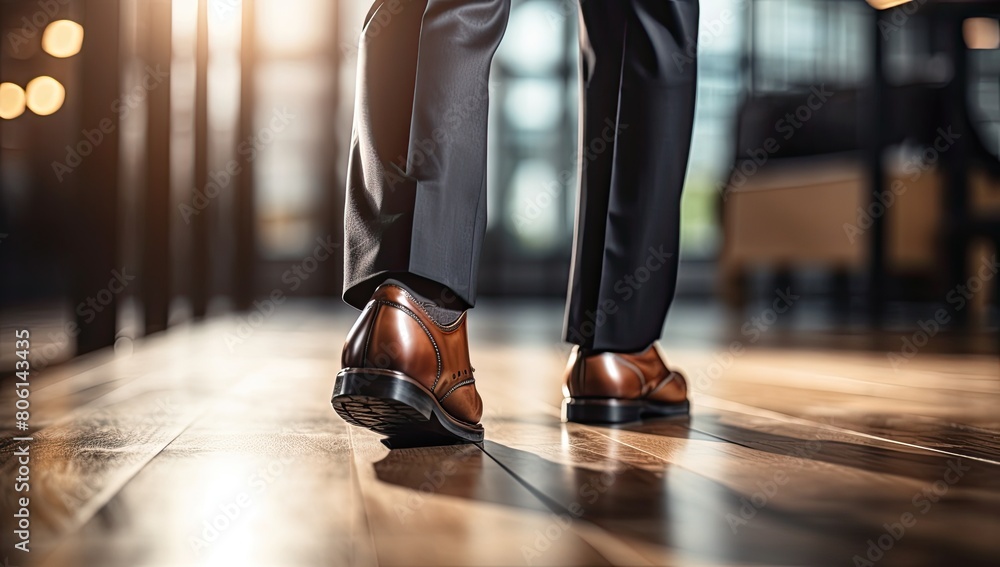 Classic Elegance: Man Exhibits Graceful Movement in Brown Shoes and Pants Across the Room Classic Elegance: Man Exhibits Graceful Movement in Brown Shoes and Pants Across the Room