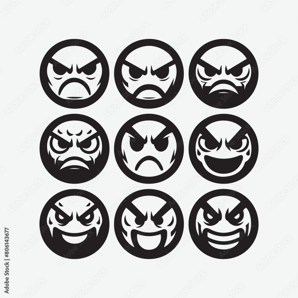 Angry face emoji Vector Illustration silhouette. emoticons set angry and sad emoji vector illustration isolated on white background.