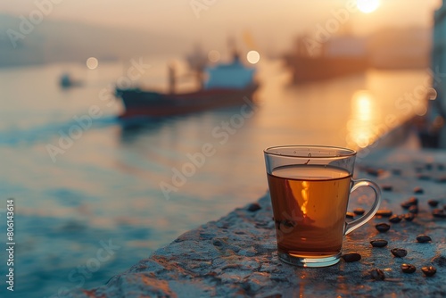 An elegant, glass coffee cup with a sleek design, resting on a stone parapet high above the sea. photo