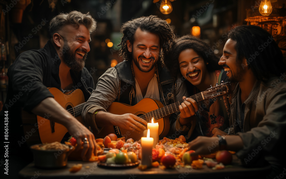 Group of people sitting around a table with food. Generative AI