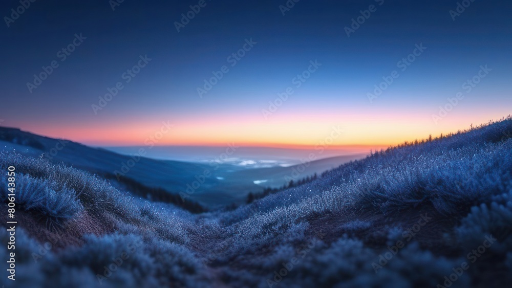 A breathtaking real-world landscape featuring a panoramic view of a frosty twilight over rolling hills. The blue and orange hues of the sky blend seamless A breathtaking real-world landscape featuring a panoramic view of a frosty twilight over rolling hills. The blue and orange hues of the sky blend seamless