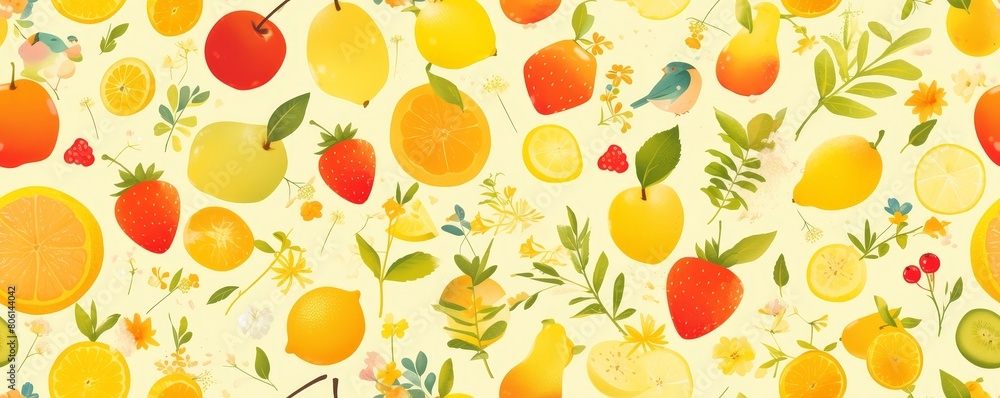 Fruit pattern, vector illustration with white background, simple lines and shapes, colorful, minimalist style, fruit elements.