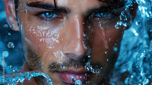 Cosmetics advertising photo of a man with blue eyes, shower. Close-up. Men’s grooming. Mens cosmetics photo, beauty industry advertising photo.