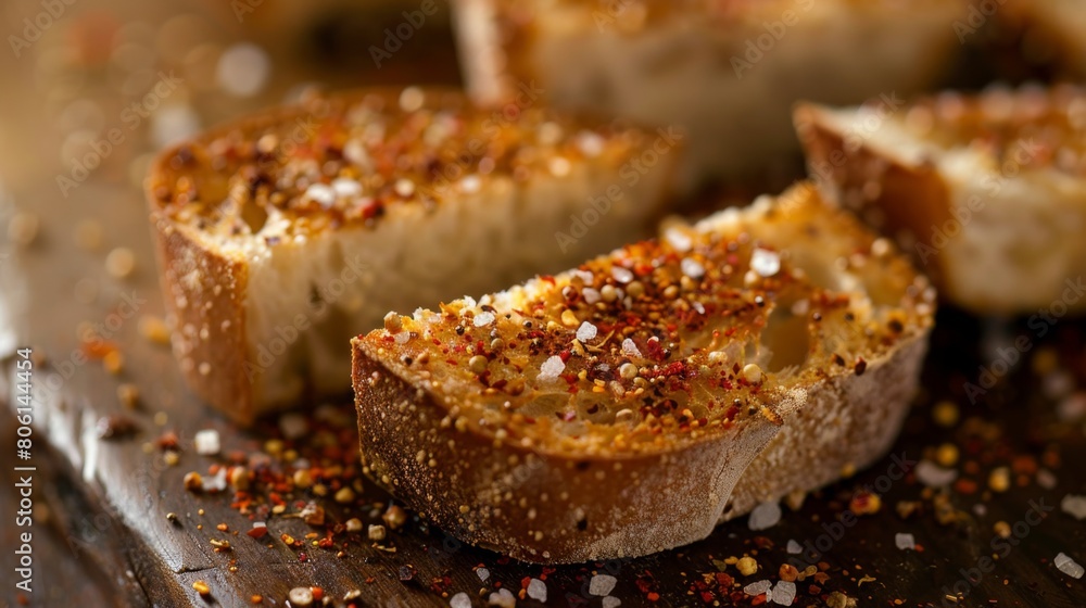 A pinch of sea salt, raw cane sugar, and crushed red pepper flakes sprinkled on top of freshly baked bread, enhancing its flavor profile. A pinch of sea salt, raw cane sugar, and crushed red pepper flakes sprinkled on top of freshly baked bread, enhancing its flavor profile.