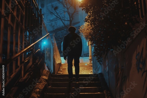 A man is walking down a dark staircase