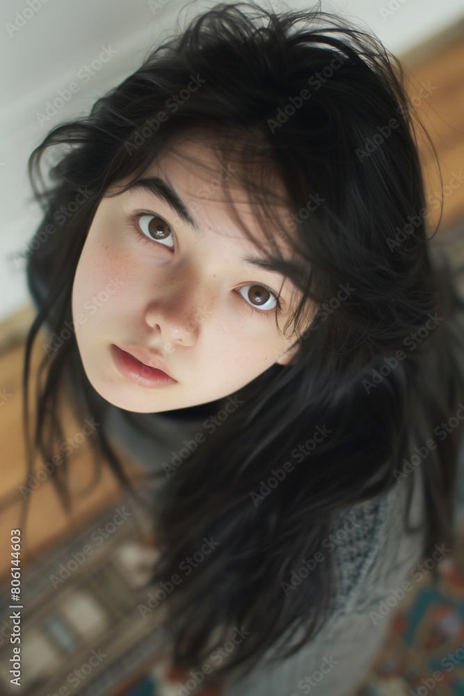 カジュアルな服を着て、カメラを見上げている、長い黒髪の若い日本人女性。 カジュアルな服を着て、カメラを見上げている、長い黒髪の若い日本人女性。