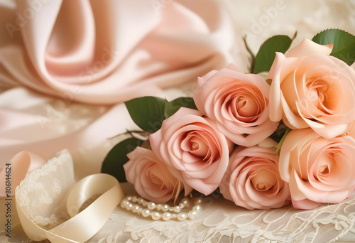 A bouquet of silk roses with lace and pearls on a textured background