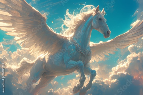 Beautiful pegasus flying in the sky  with golden clouds and sunset behind it. The horse has white fur  long mane flowing like gold threads  big wings spread wide  shining brightly.