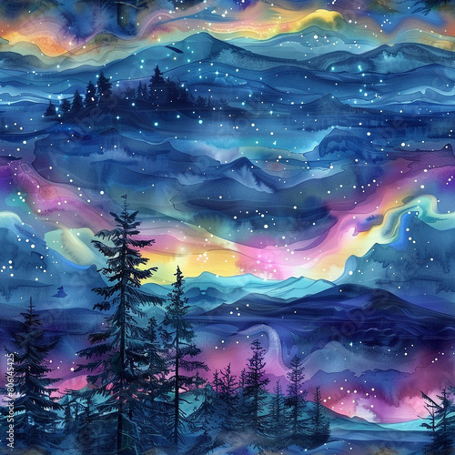Northern Lights Watercolor Seamless Graphic  Seamless Pattern
