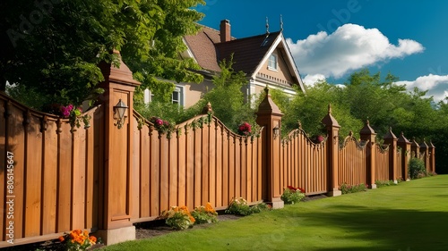 Nice wooden fence around house. Wooden fence with green lawn.