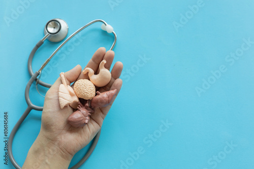close up young man hand gesture and show about organ donation of human cell over doctor's stethoscope on blue background for kindness of living and medical nonprofit concept