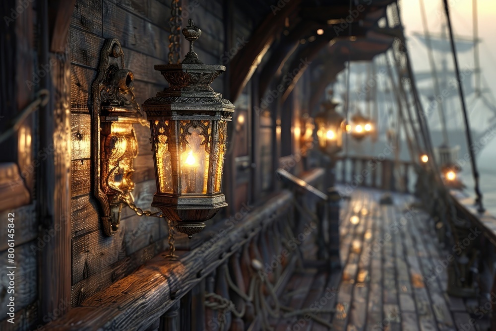 balcony with fence on  of old wooden ship boat in sea  with wall lamps 